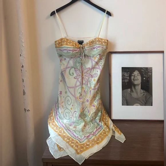 Vintage | Dresses | Y2k Bcbg Yellow Green Floral Print Handkerchief Hem  Silk Midi Dress Boho Hippie | Poshmark